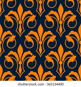 Orange fleur-de-lis seamless pattern of stylized victorian lily flowers with petals and swirling leaves over dark blue background. Royal heraldry backdrop, interior and textile design usage