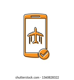 Orange Flight mode in the mobile phone icon isolated on white background. Airplane or aeroplane flight offline mode passenger regulation airline . Vector Illustration