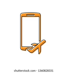 Orange Flight mode in the mobile phone icon isolated on white background. Airplane or aeroplane flight offline mode passenger regulation airline . Vector Illustration
