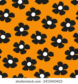 Orange floral background with black flowers. Simple seamless pattern for the design of children's fabric prints of autumn jackets, outerwear and umbrellas for women. Cute color vector illustration.