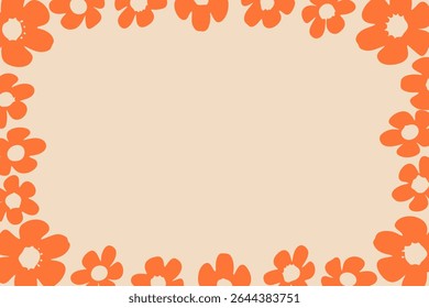 Orange floral border vector illustration with bold flower shapes on pastel beige background, place for a text