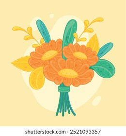 Ramo floral naranja con hojas y acentos amarillos Vector