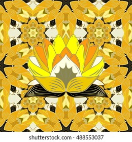 Orange floral bright vector seamless pattern with lotus.
