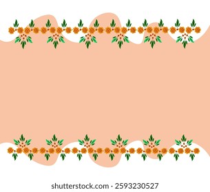  Orange floral indian garland of flowers marigold. Traditional holiday decoration for national events India. Frame and border for greeting card. Set Flat vector cartoon illustration.