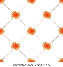 Orange Floral Lattice Seamless Pattern – Retro Daisy Flowers on White Diamond Grid Background