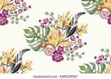 Orange Floral pattern seamless colourful  embroidery tropical vintage flowers African jungle design vector illustration hand drawn batik wallpaper border design