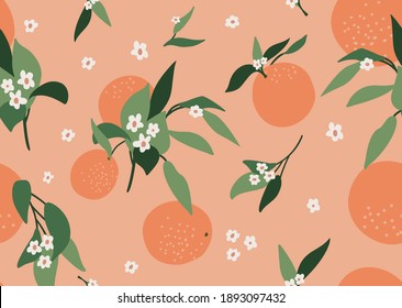Patrón floral anaranjado sin soldadura. Ramas abstractas de naranja, hojas y color de fondo naranja. Diseños exóticos modernos para el papel, la cubierta, la tela, la decoración interior y otros usuarios