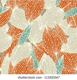 Orange floral seamless pattern. Autumn linear endless background with leaves. Decorative leaves with dots. Can be used for cards, crafts, covers, clothes, gifts, wallpapers, web  pages texture