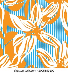 Orange Floral seamless pattern with striped background for fashion textiles and graphics