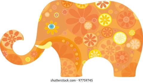 Orange floral vector elephant on white background