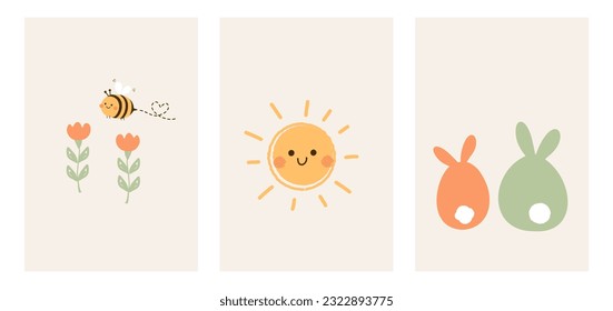 Orange flower, bee, sun and bunny rabbit cartoons vector illustration. Cute wall art decoration.