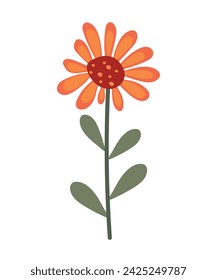 Flor naranja en estilo de dibujos animados, dibujada a mano, con tallo largo y hojas verdes. Ilustración vectorial para iconos de color, invitaciones, tarjetas, logotipo. EPS 10