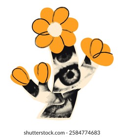 Orange flower cut out element with halftone collage eyes. Paper clipping, spring or summer abstract floral paper sticker, doodles and scribbles Modern retro grunge mixed media vector illustration