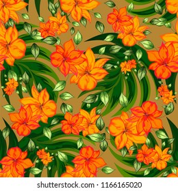 Orange flower decorated seamless background with watercolor effect.