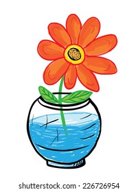 orange flower in glass vase, vector illustration, child's drawing style