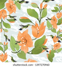 Orange flower with green leaf and green bird pattern,illustration vector doodle comic art.