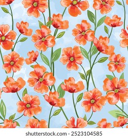 Orange flower and green leaf on light blue background seamless pattern