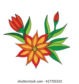 Orange flower with green leaves on the white background. For design the fabric, greeting card, wrapping paper.