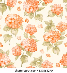 Orange Flower Hydrangea On Seamless Background. Mop Head Hydrangea Flower Pattern. Beautiful Orange Flowers. Vector Illustration.