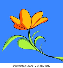 Flor naranja sobre fondo azul. Una ilustración simple de una flor naranja con hojas verdes sobre un fondo azul.