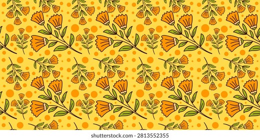 orange flower pattern design with small branch botanical elements