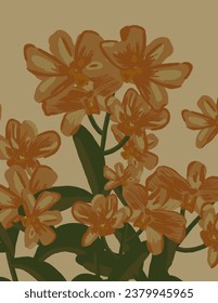 Orangefarbene Blumenmuster auf gelbem Hintergrund für Web-Banner, Business-Präsentation, Branding-Paket, Stoffdruck, Tapete, Social-Media-Post, Doodle, Noten, Buchumschläge, Wanddekor.