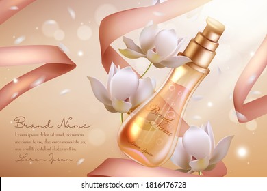 Orange flower perfume cosmetics vector illustration. 3d perfumed spray glass bottle with neroli essential oil ingredient and ribbons natural flowers decor, cosmetology perfumery advertising background