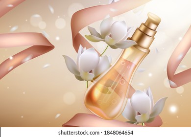 Ilustración vectorial del perfume de flores de naranjo. Frasco de vidrio perfumado con neroli, ingrediente esencial de aceite y cintas. Decoración de flores naturales para el fondo de la publicidad de perfumería cosmetológica