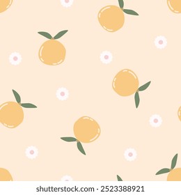 Estilo de dibujos animados de patrón de Vector sin costuras naranja y flor. Fruta linda de la historieta para la tela, envoltura, materia textil, Fondo de pantalla, tarjeta, regalo de papel, caja del teléfono.