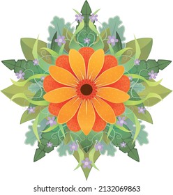 An orange flower surrounded by leaves. This orange Gerbera is set in an almost symmetrical composition.