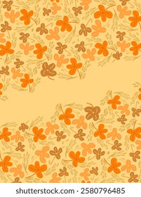 Orange flowers aesthetic patterns and leaves on yellow background for, fabric print, wallpaper, social media post, doodle, notes, book covers, wall decor.