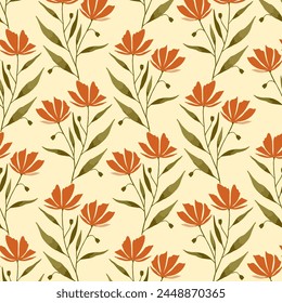Orange flowers arranged on a yellow background. Seamless floral pattern textile design.
