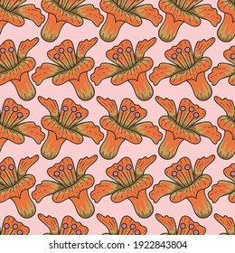 Flores naranjas organizadas en filas en un patrón transparente del vector de fondo rosado