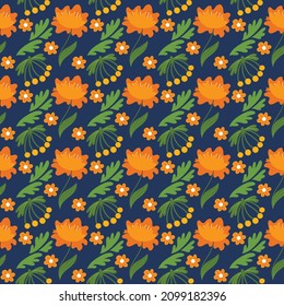 orange flowers and berries seamless pattern. Vector illustration
