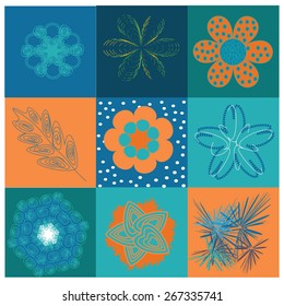 Orange flowers with blue background drawing style in a rectangular grid.