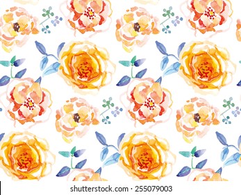 Orange Flowers With Blue Leaves On The White Background. Watercolor Seamless Pattern. 