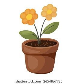 Orange Flowers in a Brown Pot. Flat style