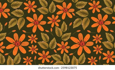 Orange flowers and earthy green leaves create a warm, autumn-inspired floral pattern on a dark background.