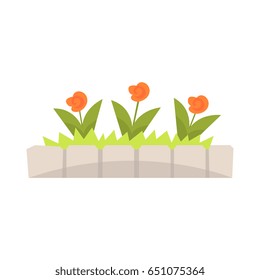 Orange flowers in flowerbed with stone border vector Illustration