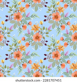 Flores de color naranja con hojas verdes sobre fondo de color azul sin costura para papel textil de tela.