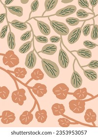 Orange flowers and green Leaves patterns on pink background, illustrations, vector aesthetic for wallpaper, wall decor, templates covers, art prints