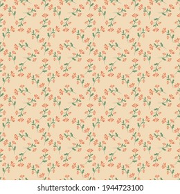 Orange flowers with green leaves seamless pattern on light orange background