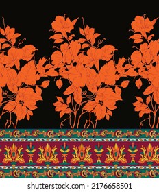 Orange flowers with green leaves. Seamless vector pattern repeat.