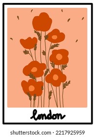 Orange flowers illustrations, vector with the writing London for phone case, logo, pillow case, fabric print, wallpaper, social media post, doodle, covers, book covers, wall decor, card, templates