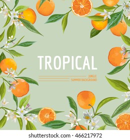 Orange, Flowers and Leaves. Exotic Graphic Tropical Banner. Vector Frame Background.