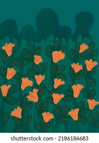 Orange flowers and leaves illustrations for phone case, fabric print, wallpaper, social media post, covers, book covers, wall decor, card, background, templates. Pillow case design.