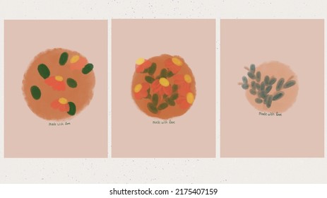 Orange flowers, leaves on inside round shape illustrations set For wallpaper, background, social media posts, covers design idea, Wall decor, home decoration. Aesthetic concept