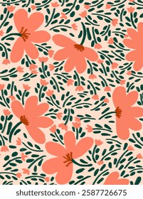orange flowers and leaves pattern on white background, illustrations vector, aesthetic for wallpaper, wall decor, templates covers, art prints. Aesthetic