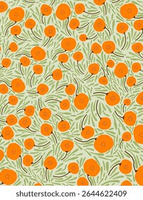 orange flowers and leaves pattern on green background, illustrations vector, aesthetic for wallpaper, wall decor, templates covers, art prints. Aesthetic
