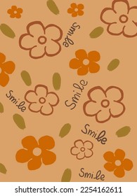 Orange flowers and leaves patterns illustrations, vector with smile lettering for wall decor, template, print art, artwork etc